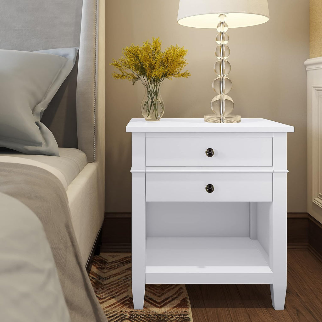 White Solid Wood 2 Drawer Night Stand with Shelf A7315