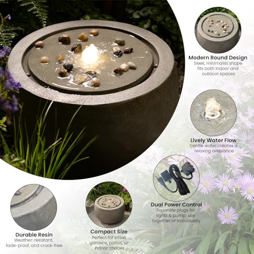Large Round Bubbler Water Fountain with Lights & Pump Gray I475