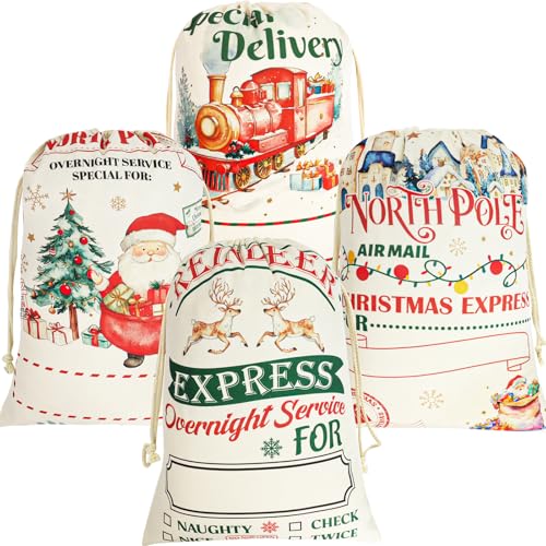4 Pack Large Christmas Canvas Gift Bags with Drawstring V64455
