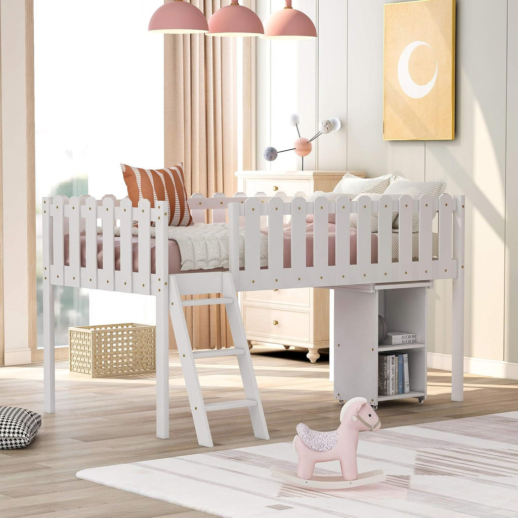 White Twin Size Wooden Loft Bed with Desk and Cabinet K451