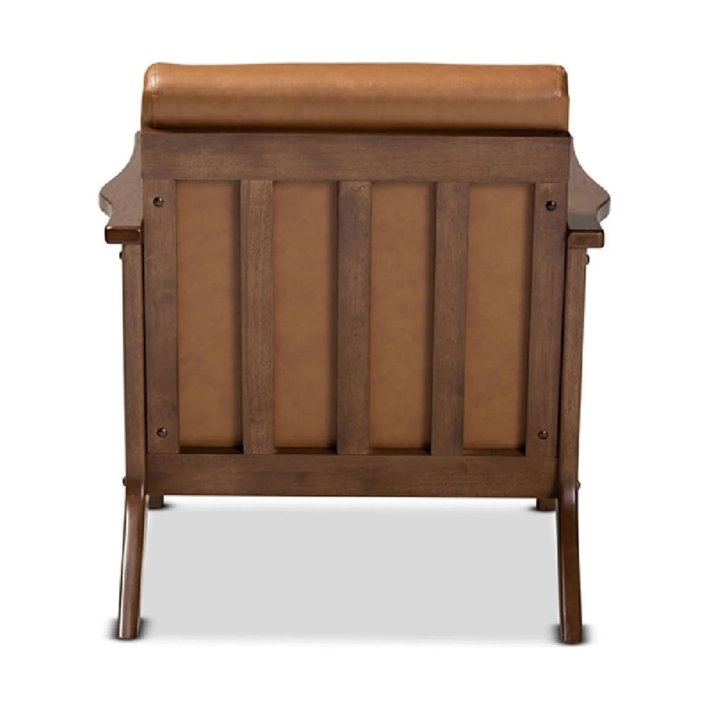 Walnut Brown Wood and Tan Faux Leather Lounge Chair S936
