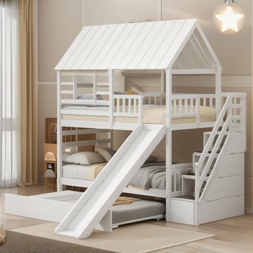 White Twin Over Twin Wood Bunk Bed with Slide and Trundle L618