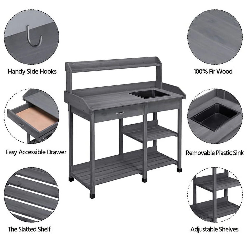 Wooden Potting Bench with Sink Drawer Rack Y748992