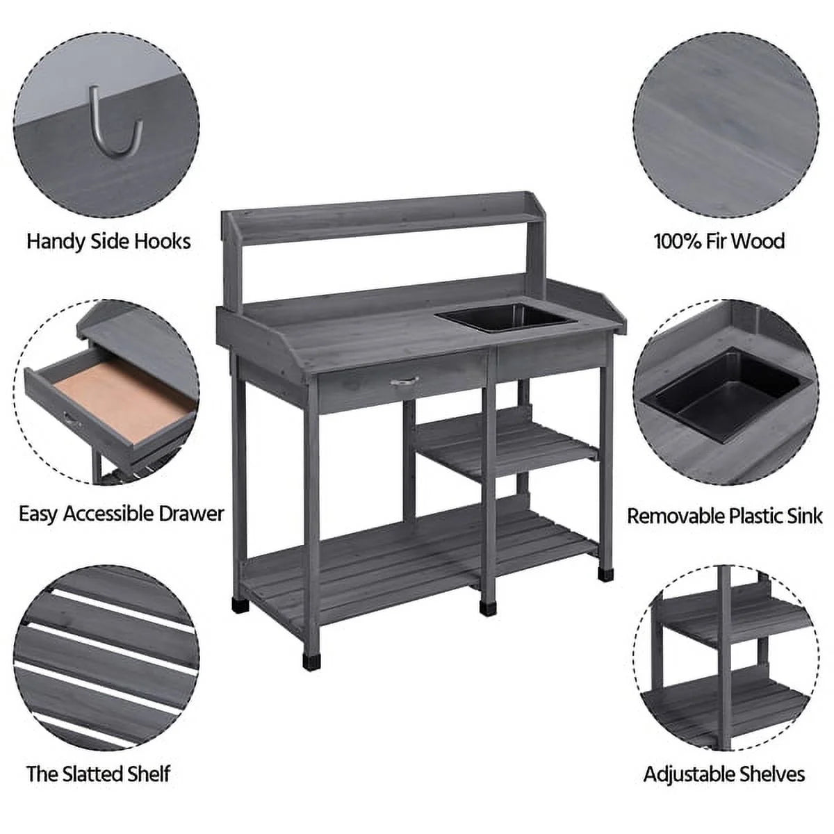 Wooden Potting Bench with Sink Drawer Rack Y748992