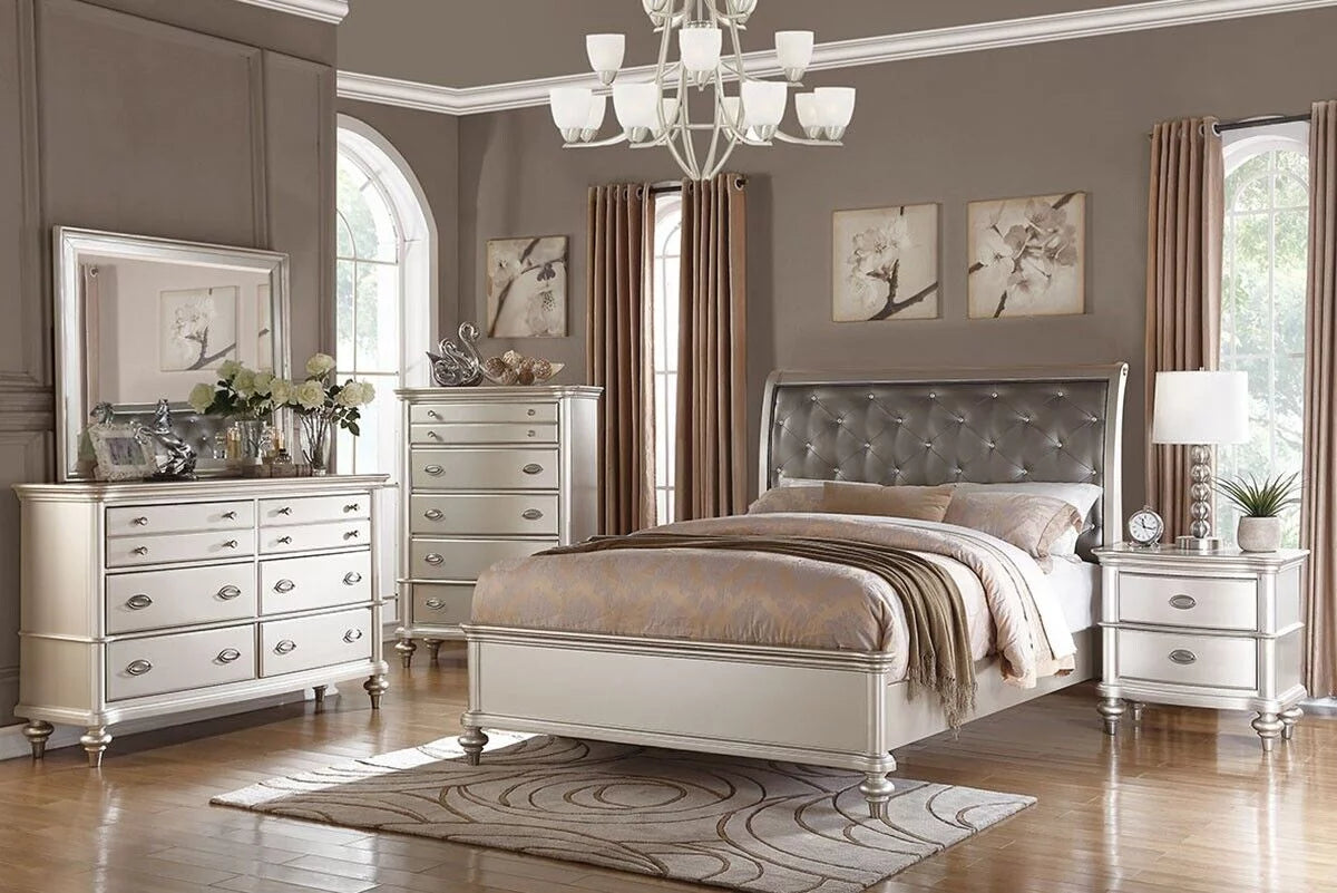 Queen Size 4pc Bedroom Furniture Set Faux Leather Tufted Headboard H92503