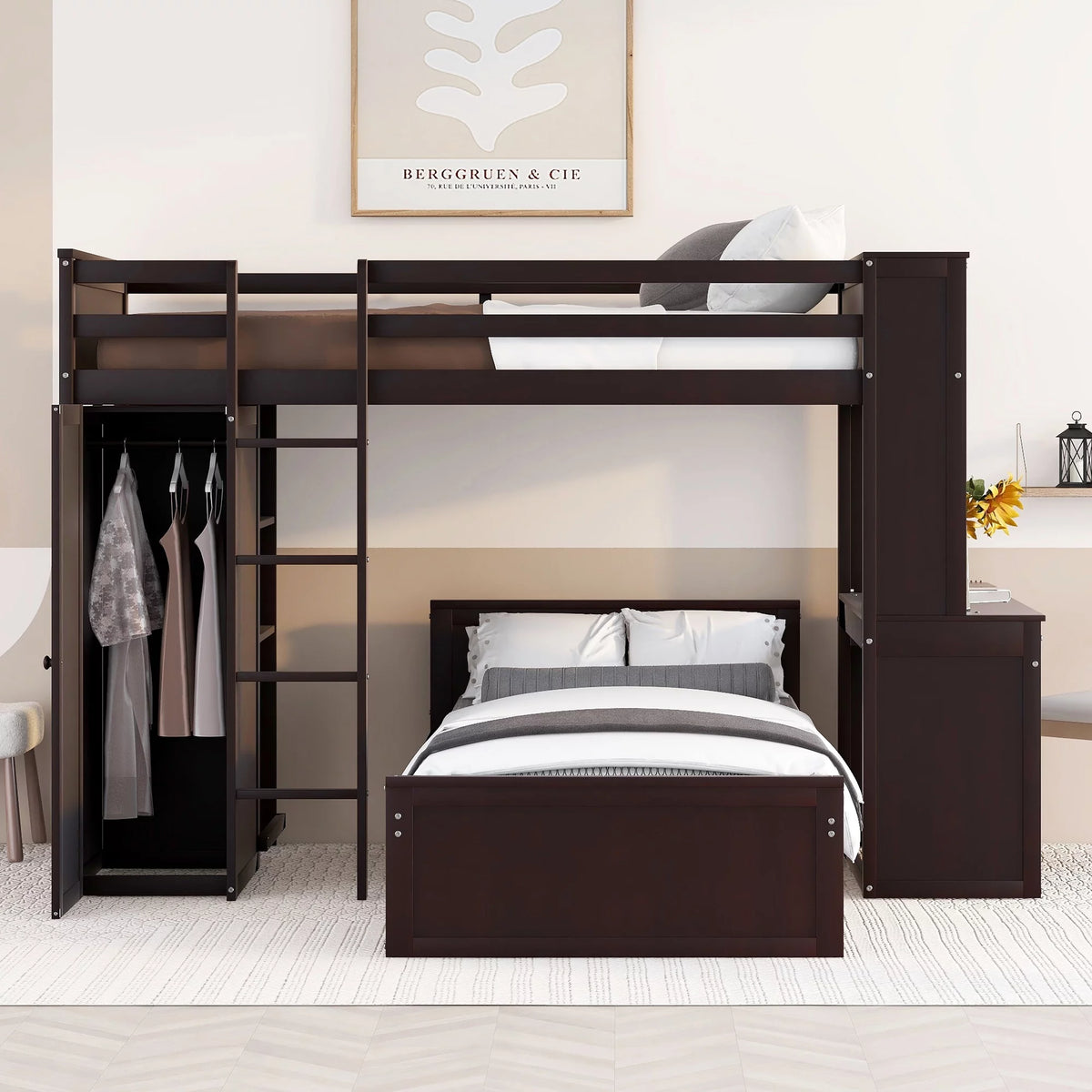 Twin Size Solid Wood Loft Bed with Desk and Wardrobe W114359