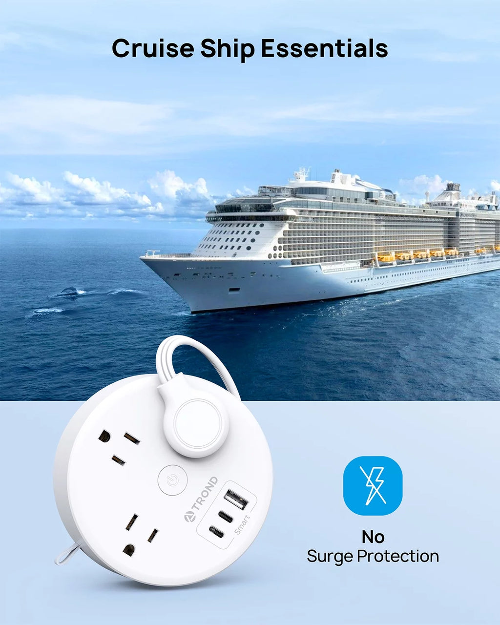Travel Power Strip with USB C Ports, 3 AC Outlets, 5ft Extension Cord Z16763