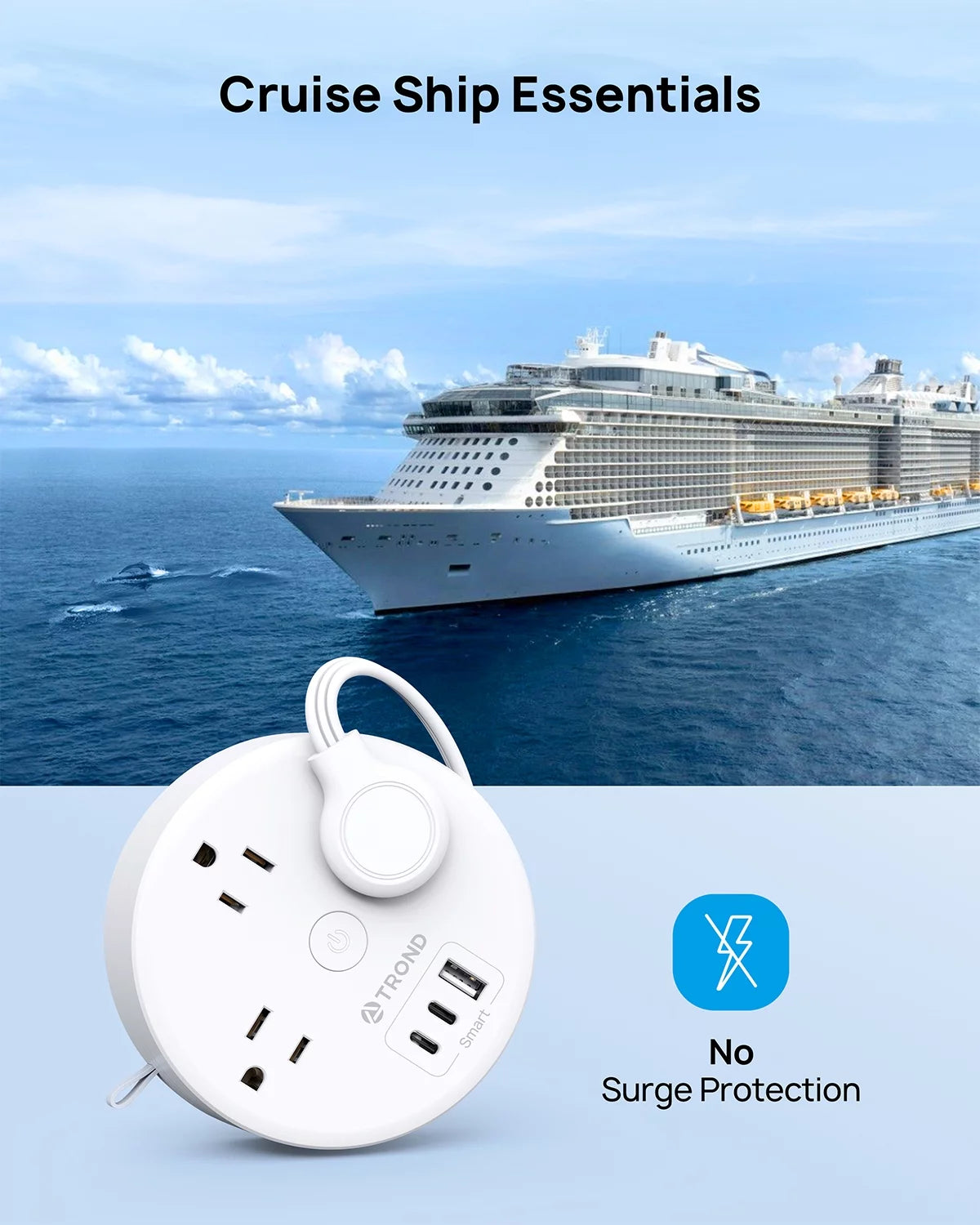 Travel Power Strip with USB C Ports, 3 AC Outlets, 5ft Extension Cord Z16763