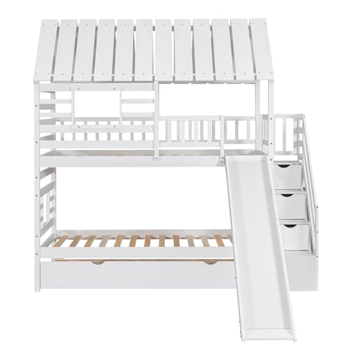 White Twin Over Twin Wood Bunk Bed with Slide and Trundle L618