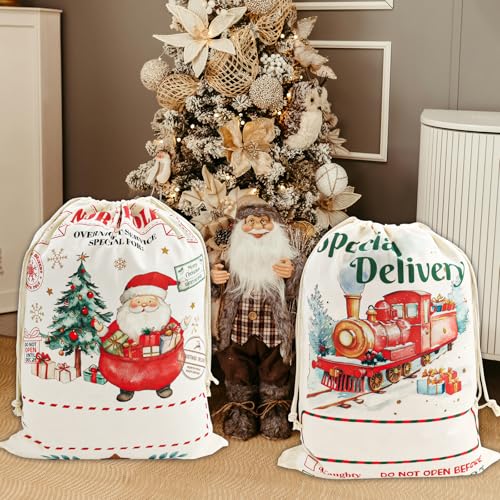 4 Pack Large Christmas Canvas Gift Bags with Drawstring V64455