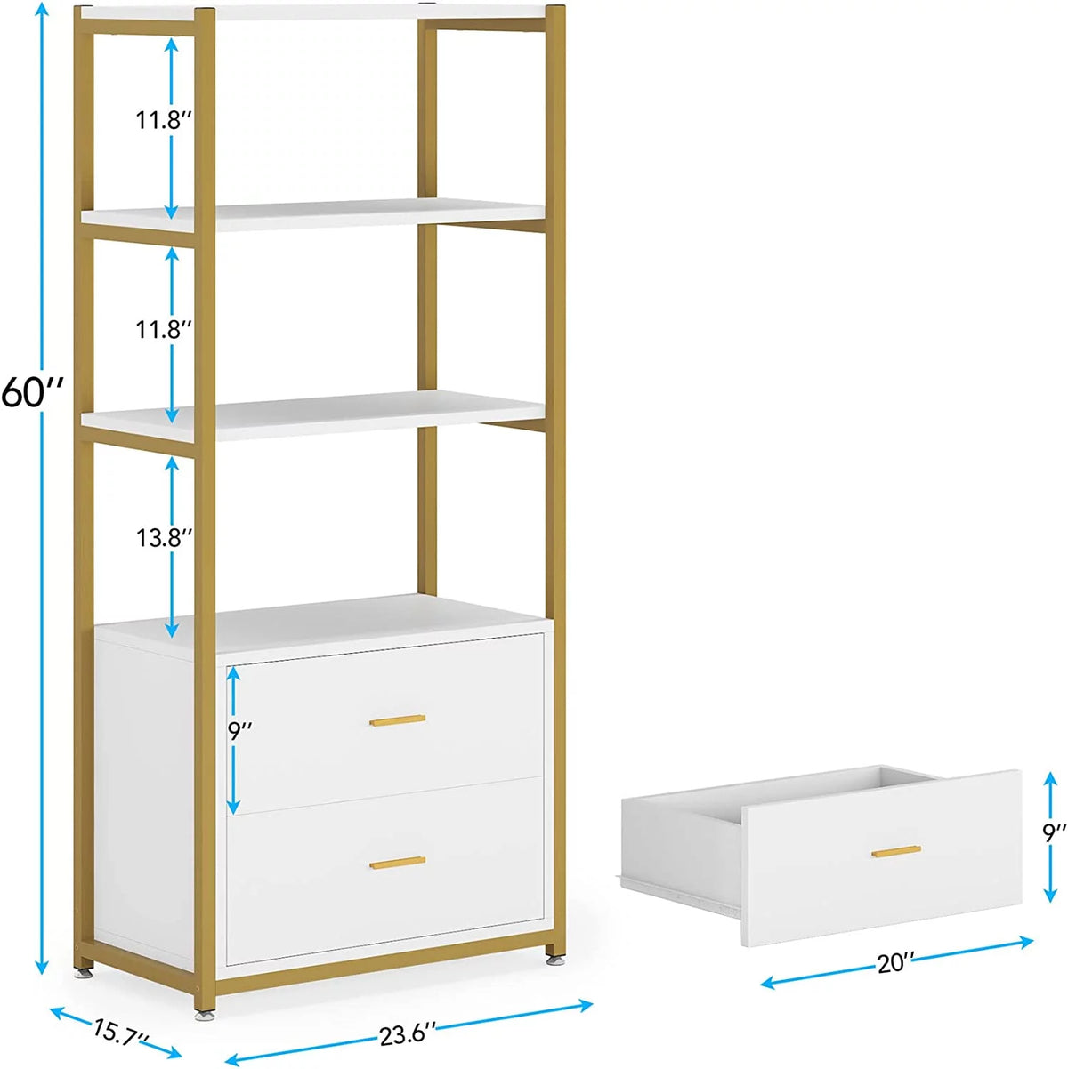 4 Tier Bookshelf with 2 Drawers White and Gold J4012