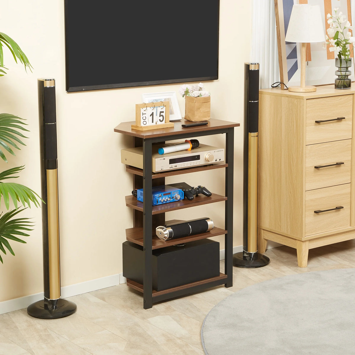 Brown TV Stand with Storage Shelves and Steel Frame U6877