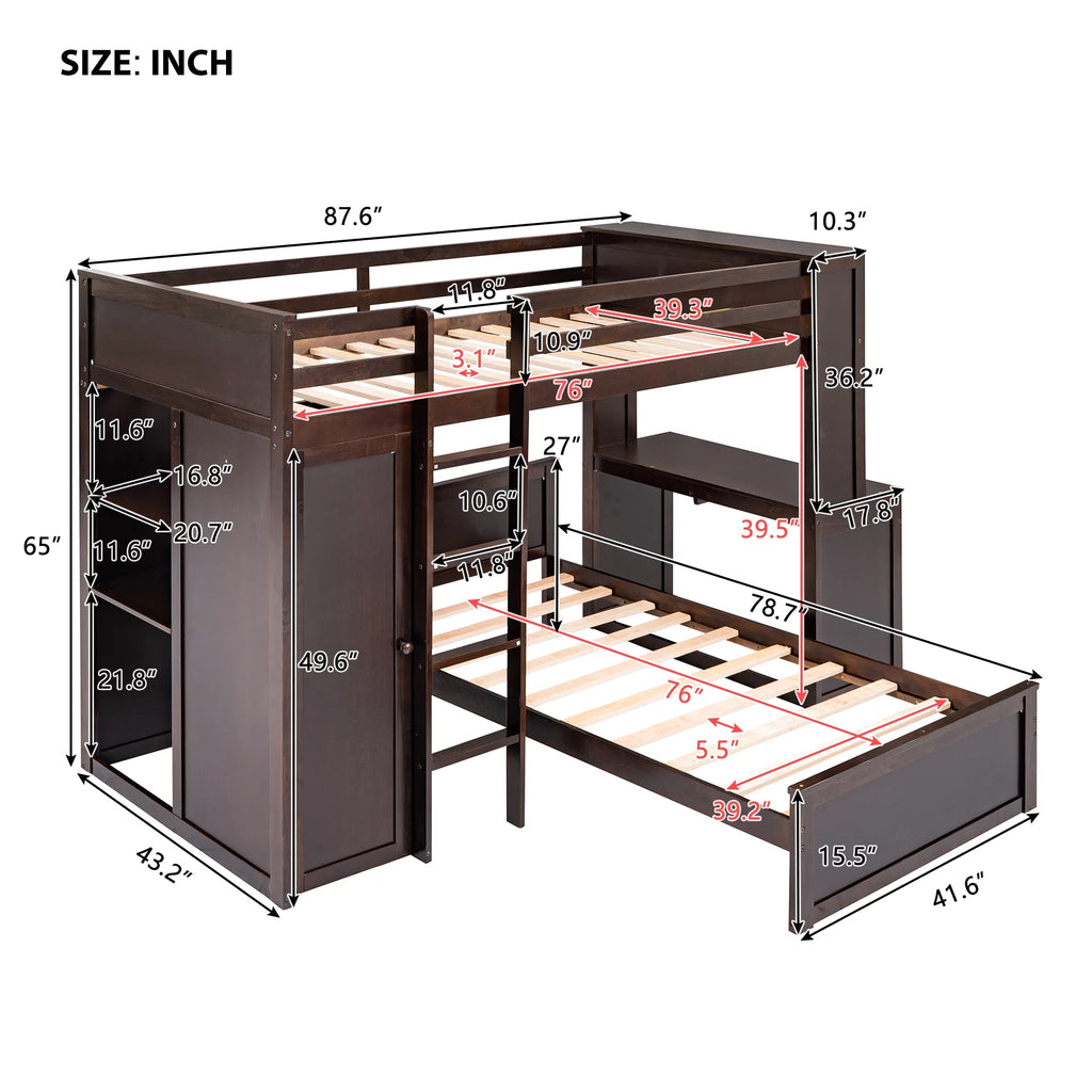 Twin Size Solid Wood Loft Bed with Desk and Wardrobe W114359