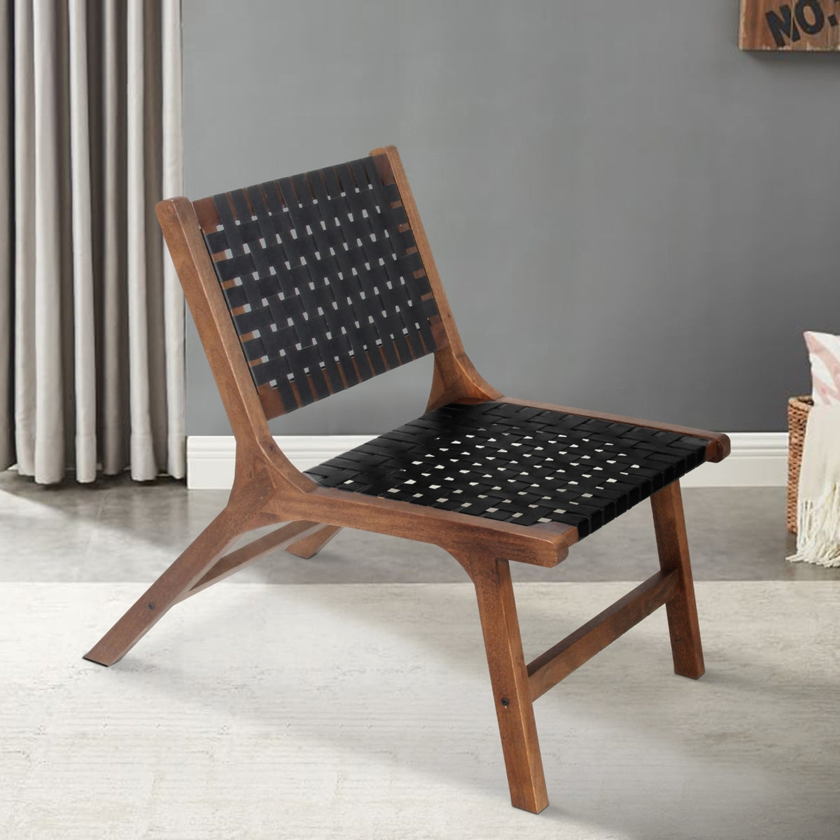 Walnut Brown Mango Wood Accent Chair with Woven Genuine Leather Seat V775