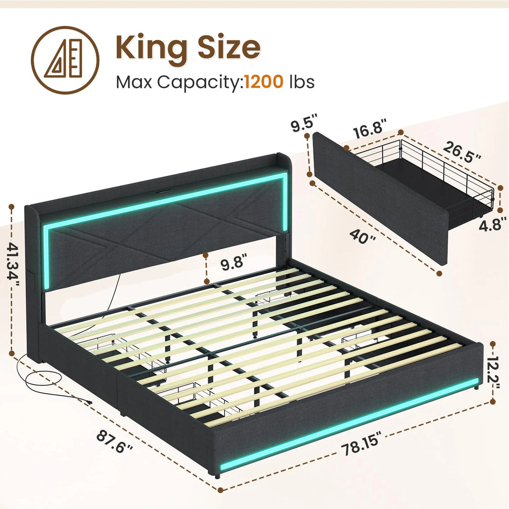 King Size Faux Leather Upholstered Platform Bed Frame with Storage Drawers, LED Lights Headboard, USB-C Charging Station, Black M77742