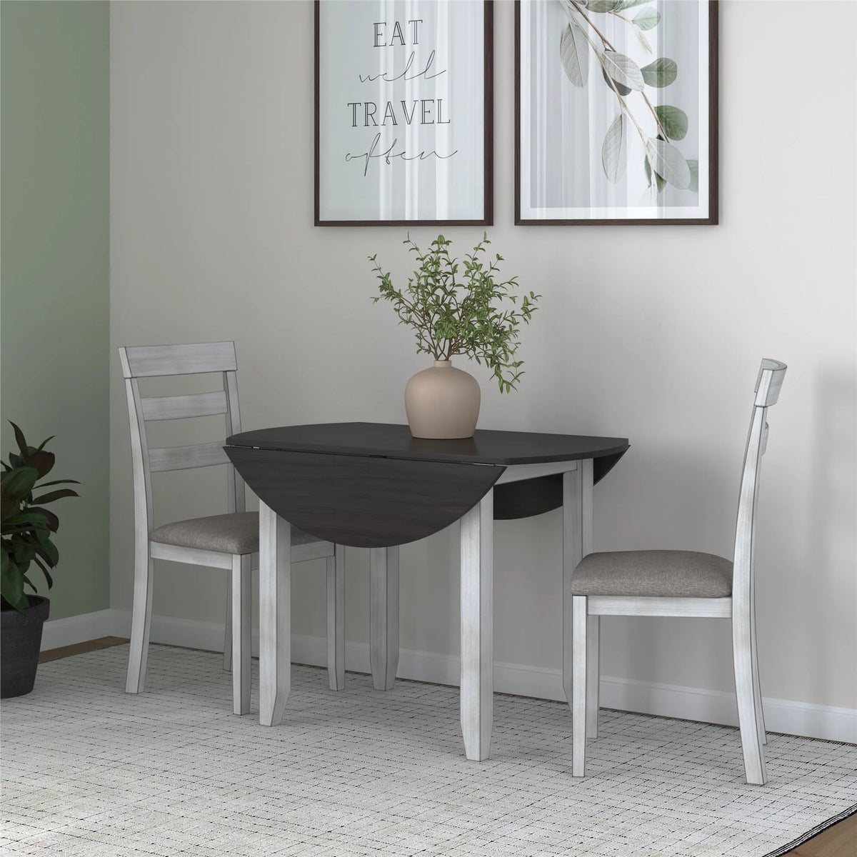 3-Piece Drop Leaf Wood Dining Set with Round Table and 2 Chairs W11561
