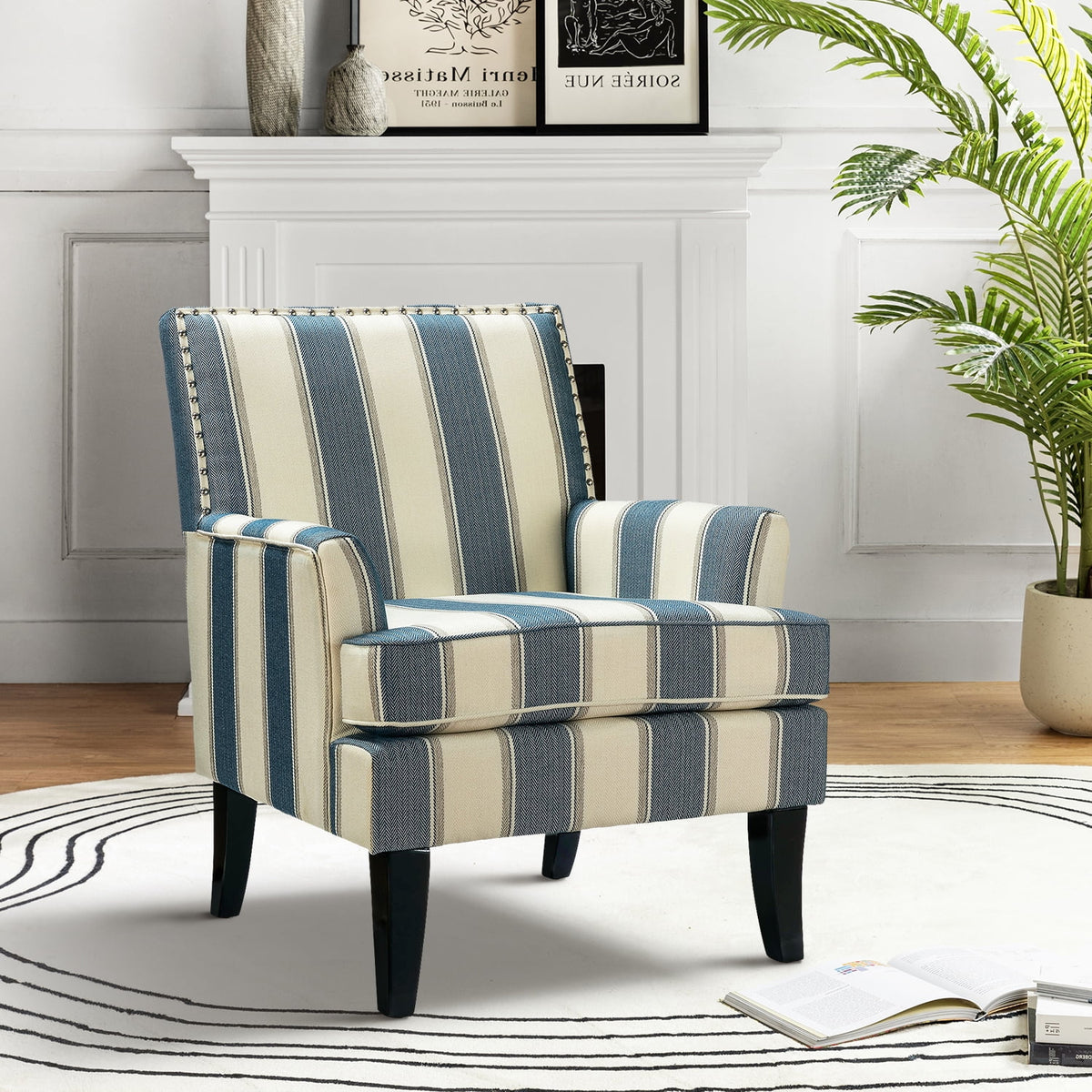 Navy Upholstered Accent Chair with Wood Legs T914149