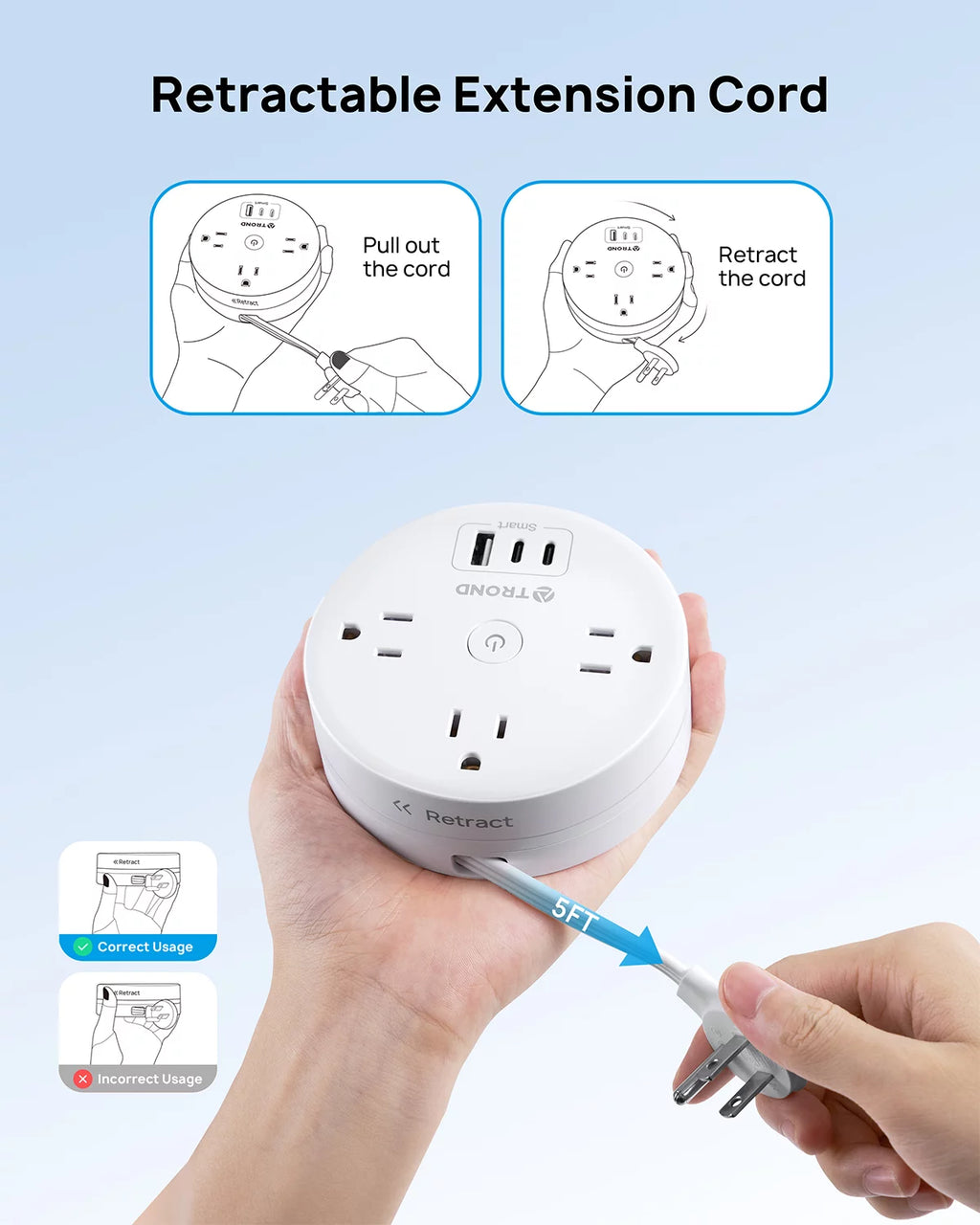 Travel Power Strip with USB C Ports, 3 AC Outlets, 5ft Extension Cord Z16763
