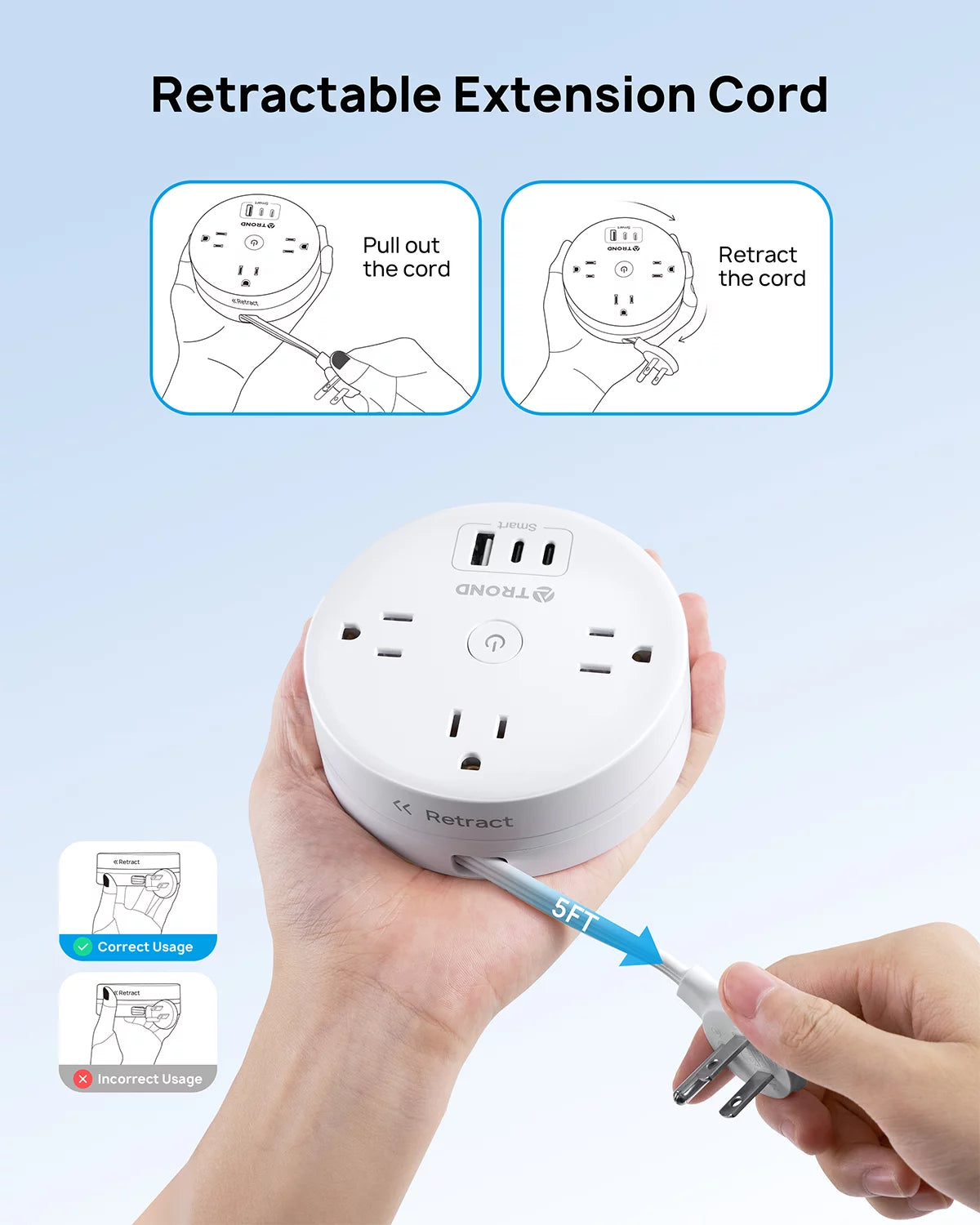 Travel Power Strip with USB C Ports, 3 AC Outlets, 5ft Extension Cord Z16763