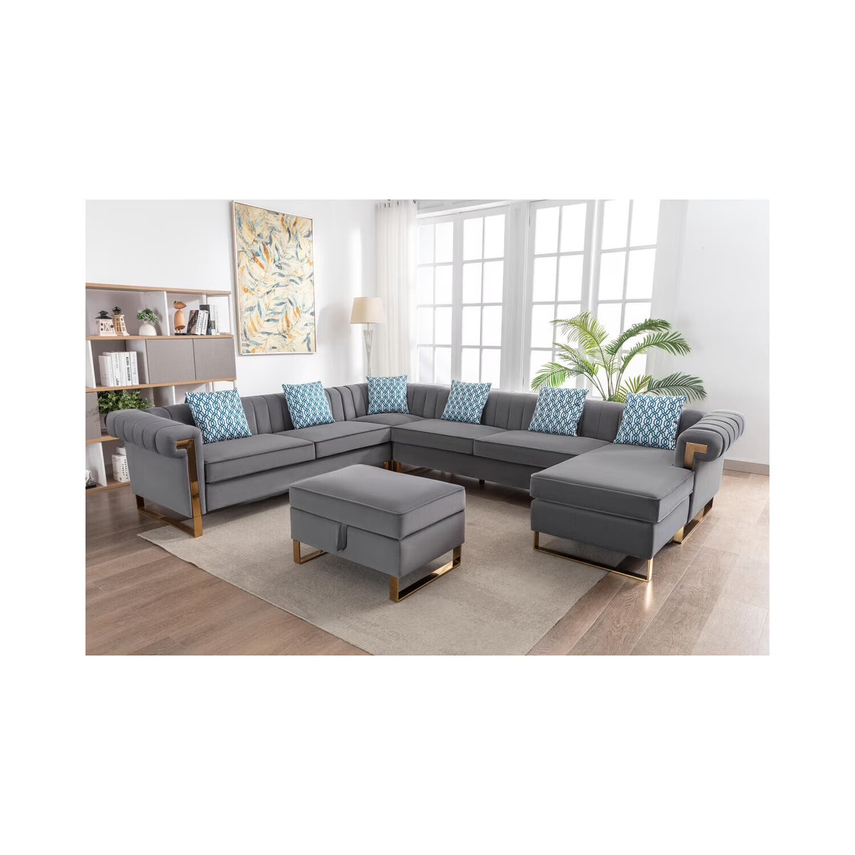Velvet 8-Seater Sectional Sofa with Reversible Chaise and Storage Ottoman T394874