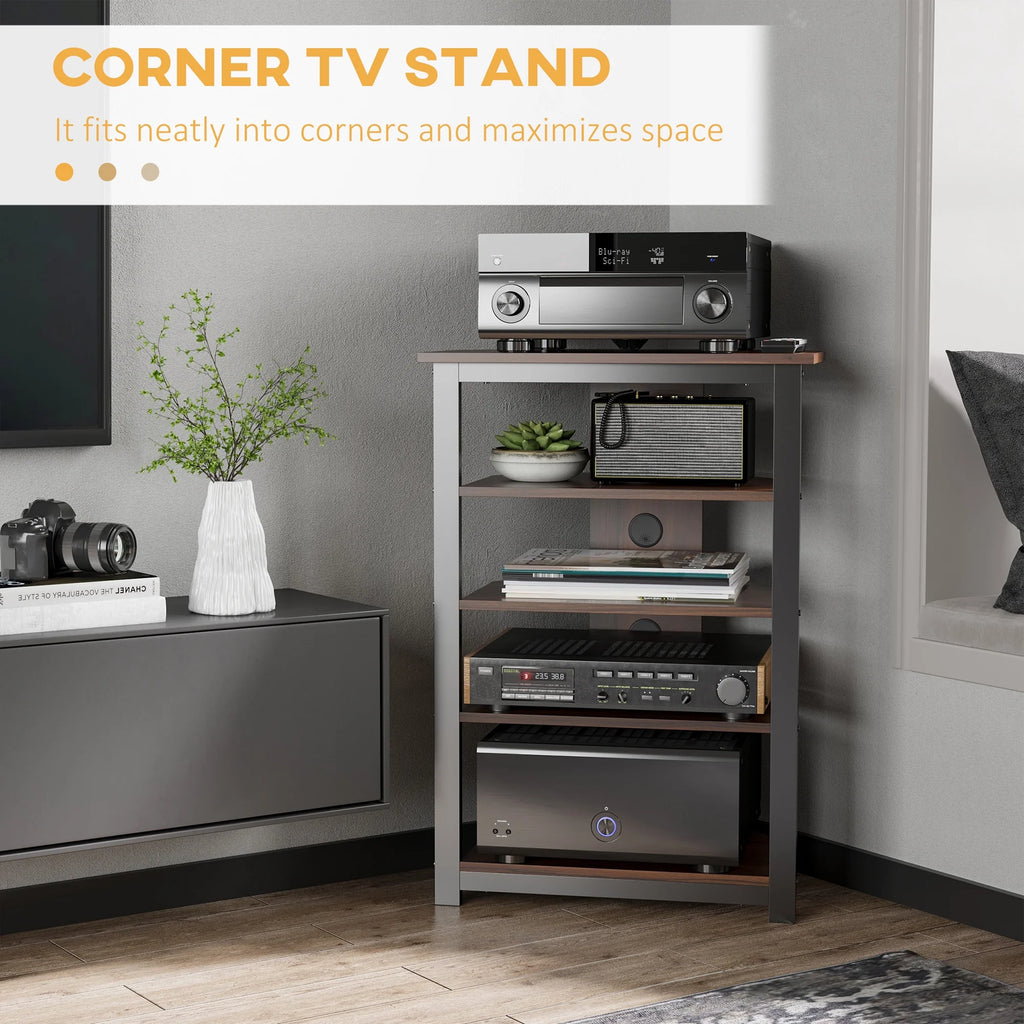 Brown TV Stand with Storage Shelves and Steel Frame U6877