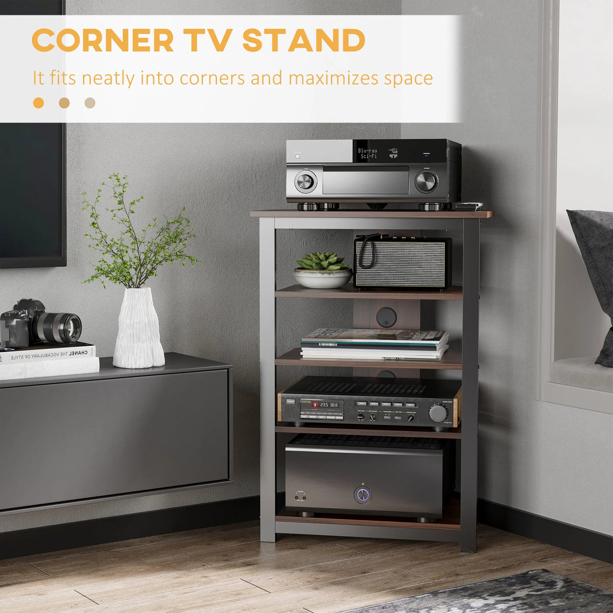 Brown TV Stand with Storage Shelves and Steel Frame U6877