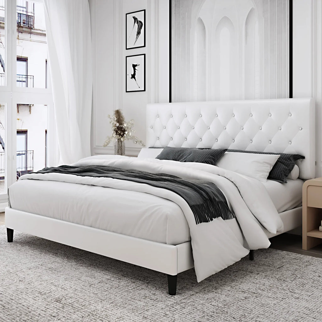 Black Faux Leather Upholstered Button Tufted Full Size Platform Bed Frame with Adjustable Headboard T17948