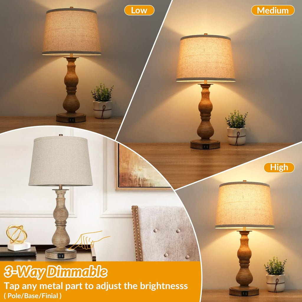 Set of 2 Touch Control Table Lamps with USB Ports, Cream Shades W3269