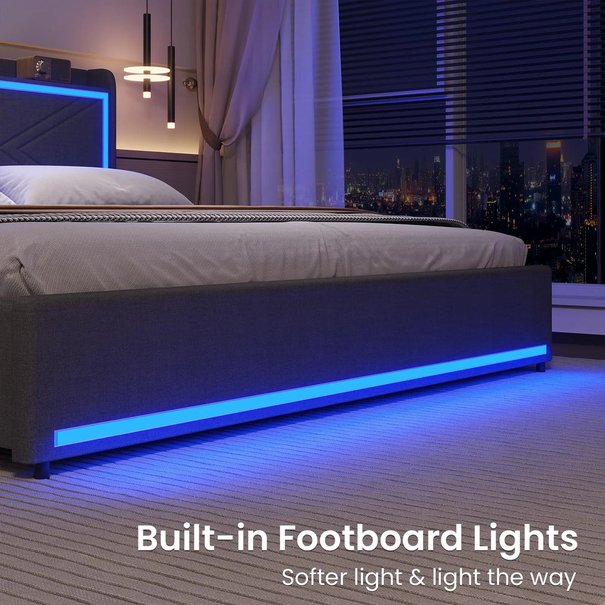 King Size Faux Leather Upholstered Platform Bed Frame with Storage Drawers, LED Lights Headboard, USB-C Charging Station, Black M77742