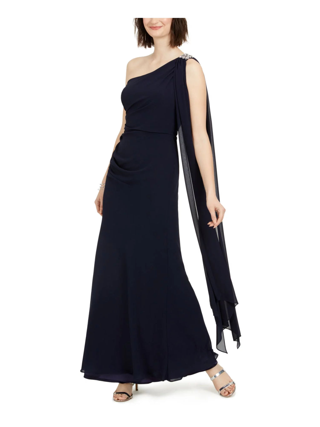 Navy Stretch Embellished One-shoulder Chiffon Maxi Dress D74050
