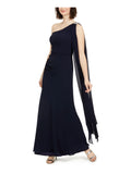Navy Stretch Embellished One-shoulder Chiffon Maxi Dress D74050