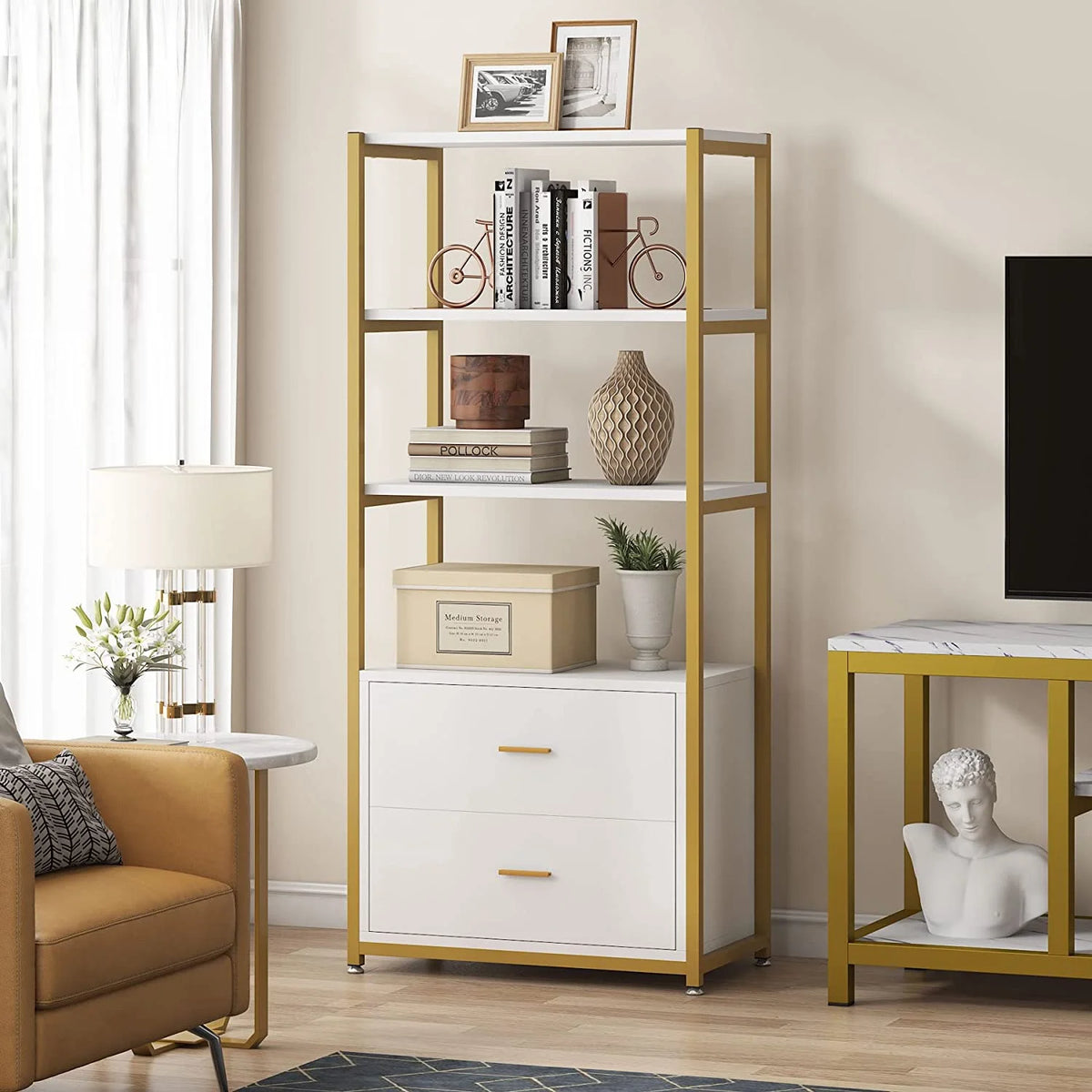 4 Tier Bookshelf with 2 Drawers White and Gold J4012
