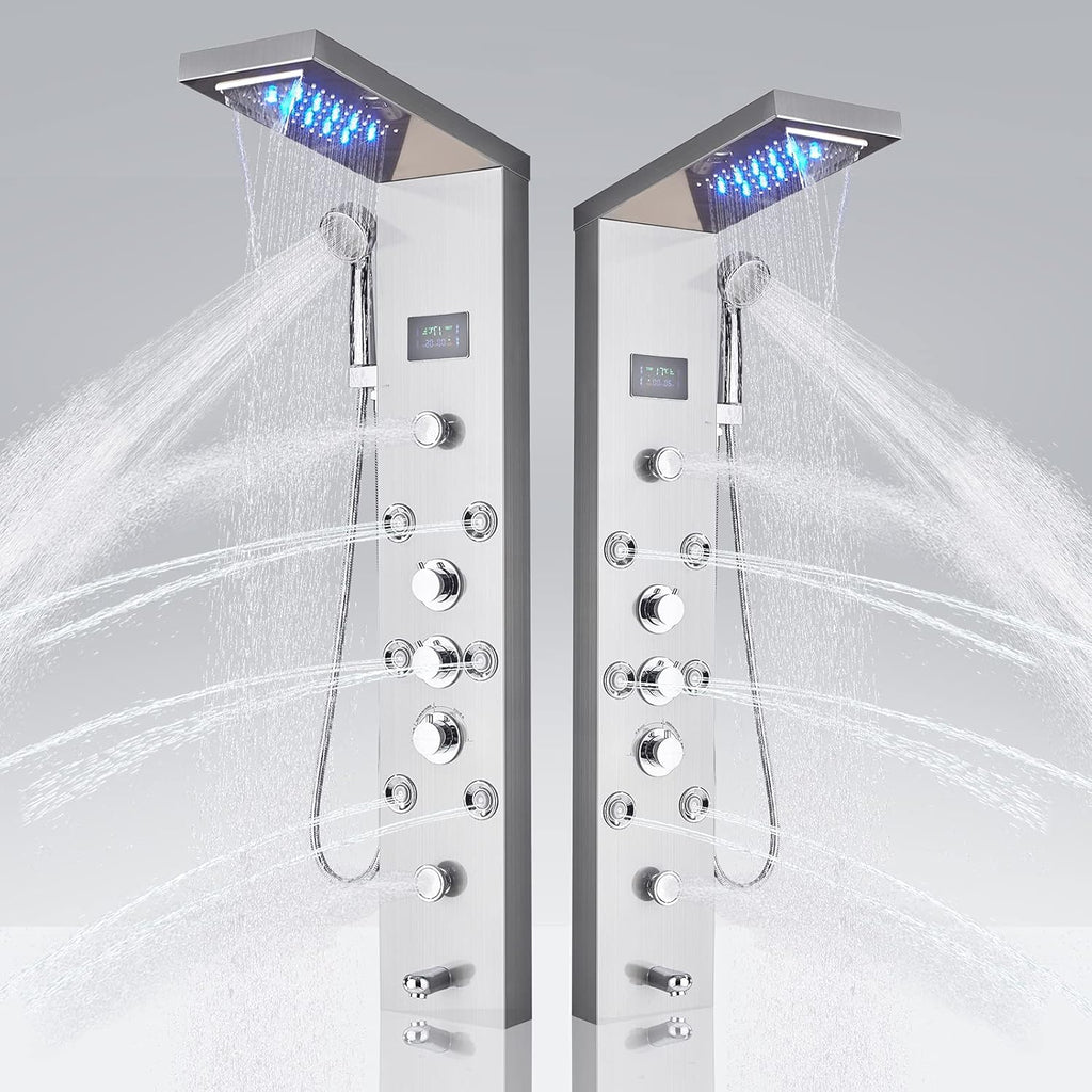 LED Shower Panel Tower System, 6-Function Shower Tower, Rain Massage Full Body Shower System with Jets, LED Rainfall Waterfall Shower Head, Brushed Nickel P253