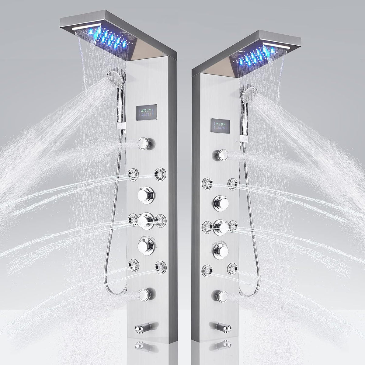 LED Shower Panel Tower System, 6-Function Shower Tower, Rain Massage Full Body Shower System with Jets, LED Rainfall Waterfall Shower Head, Brushed Nickel P253