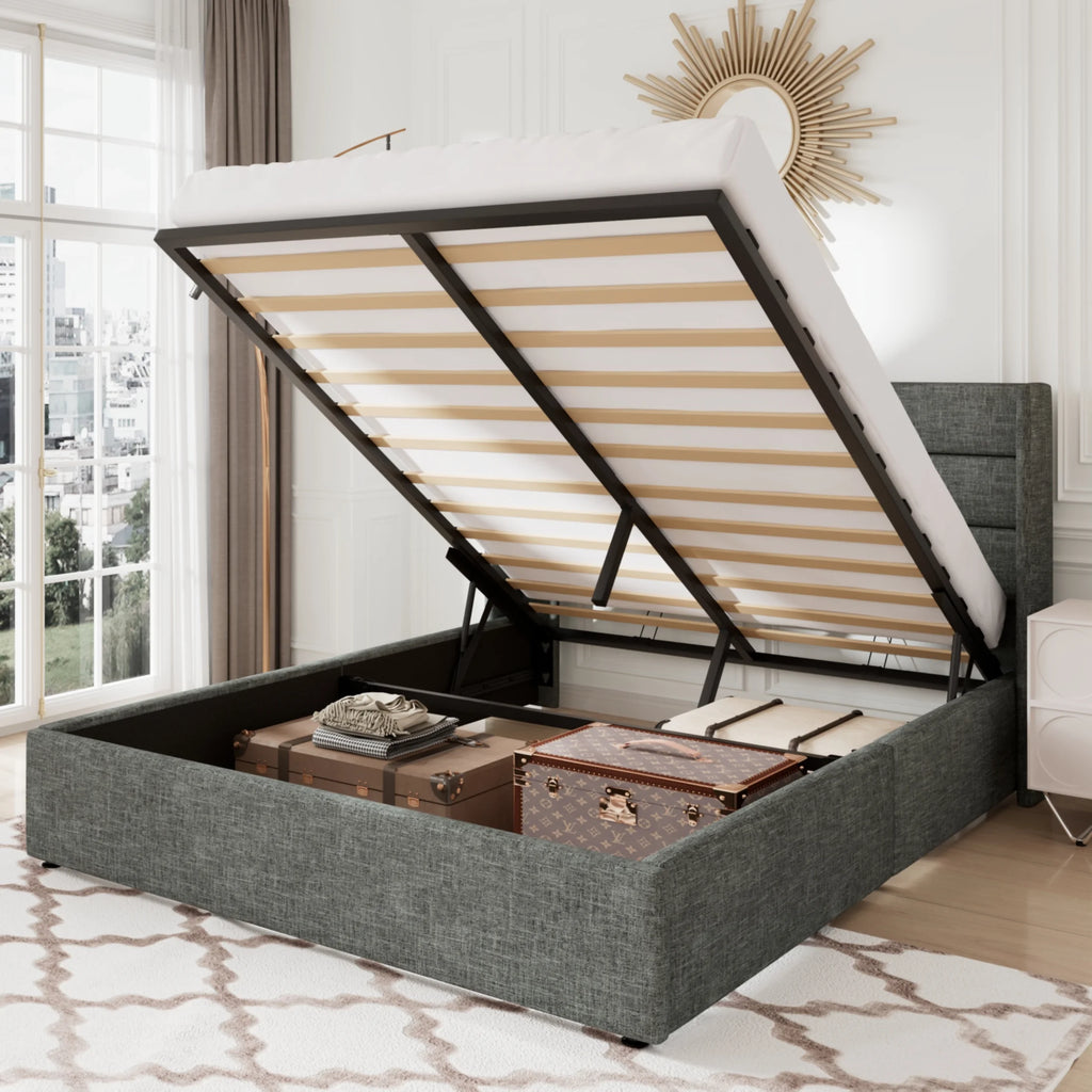 Queen Size Lift Up Platform Storage Bed Frame with Wingback Headboard X350257