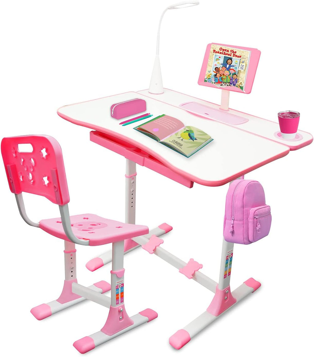 Kids Desk and Chair Set with Lamp, Pencil Case, and Bookstand X75813