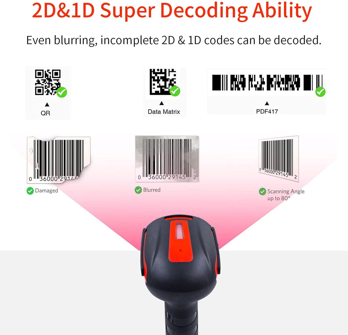2D 1D QR Industrial Barcode Scanner with Stand, Bluetooth & 2.4GHz Wireless & Wired USB 3in1, Hands Free Barcode Reader, Pack of 2 Y343