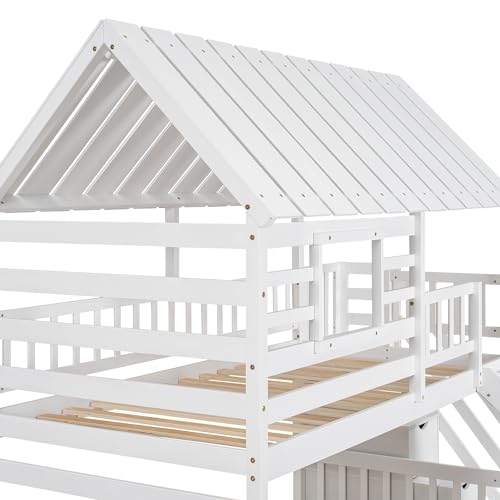 White Twin Over Twin Wood Bunk Bed with Slide and Trundle L618