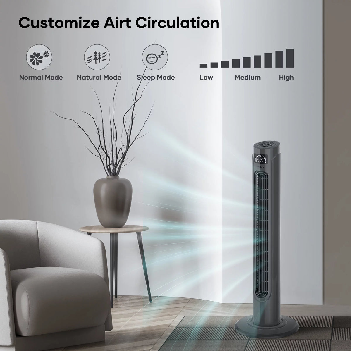 36 Tower Fan with Remote, 3 Speeds 3 Modes 15H Timer, 90° Oscillating, Grey H2328