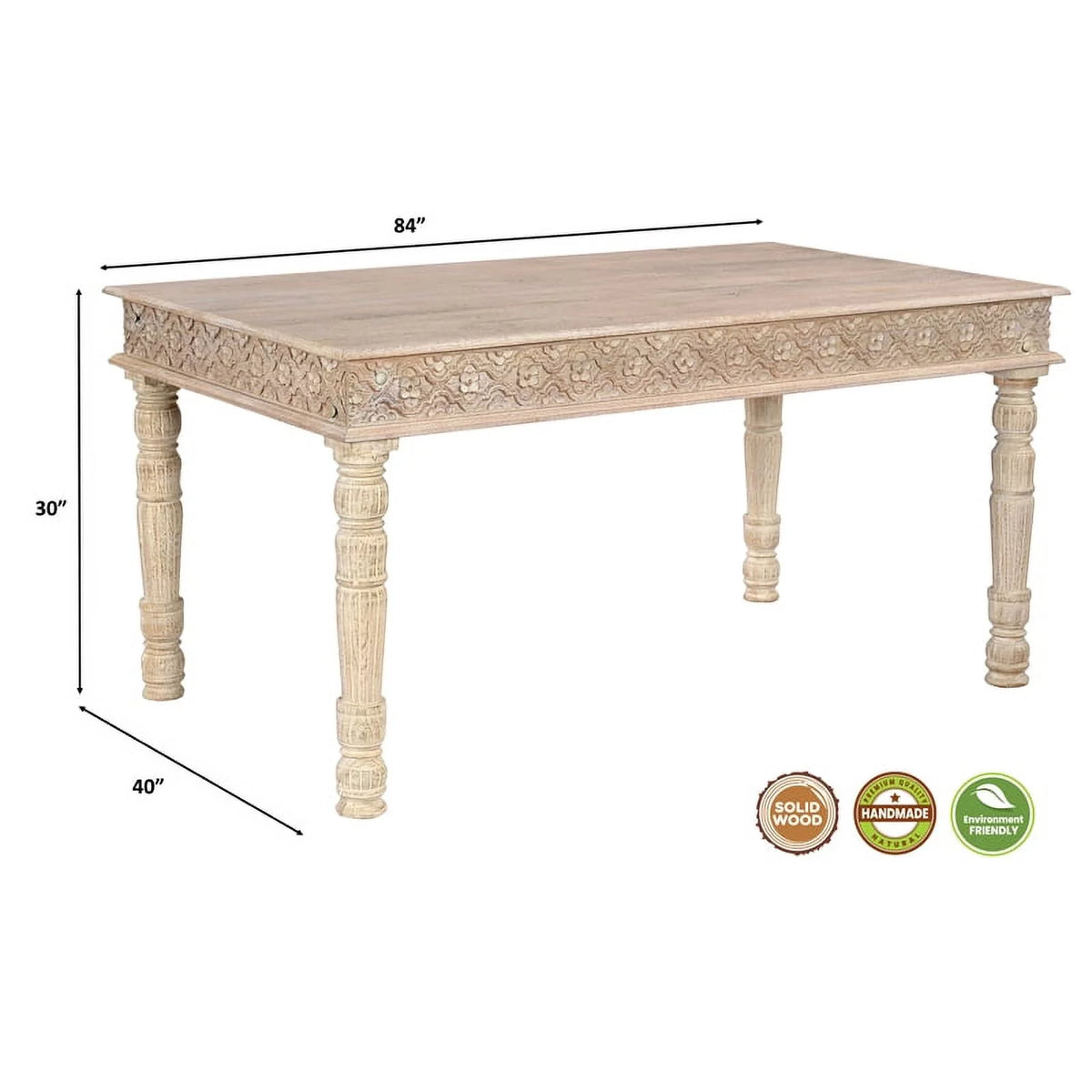 84" Carved Solid Wood Dining Table in White K743