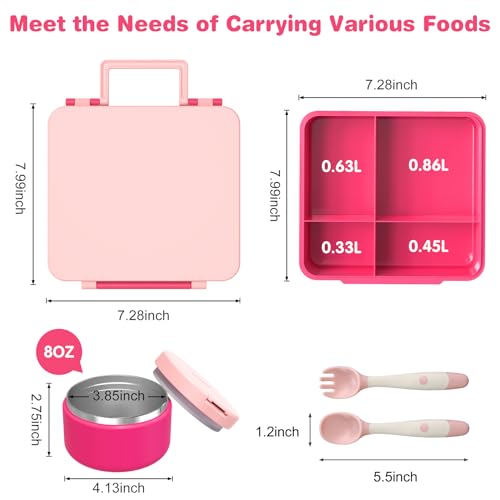 Pink Bento Lunch Box with 8oz Soup Thermo and 4 Compartment Z1541