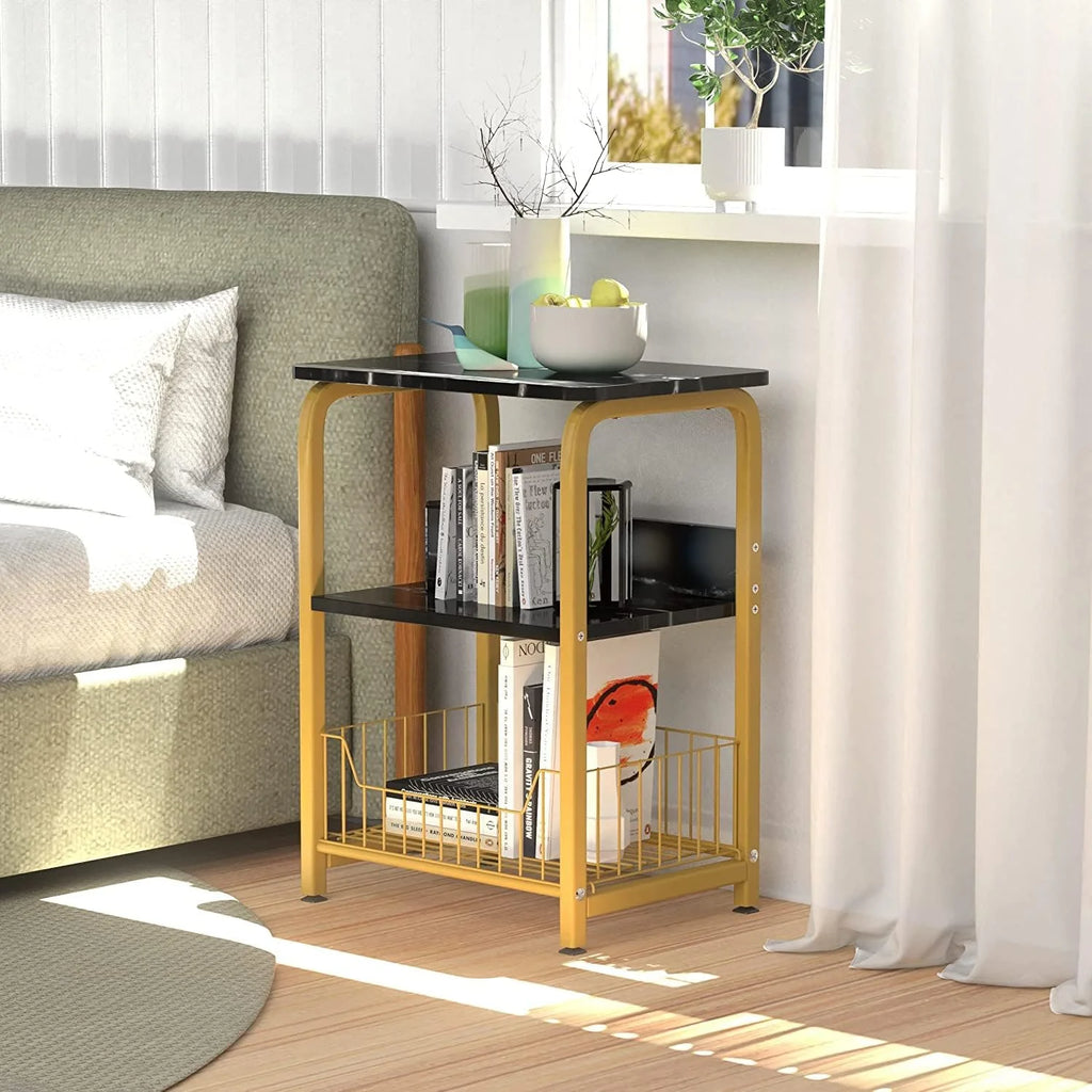 Black Marble 3 Tiers Nightstand with Wood and Metal Frame H40626