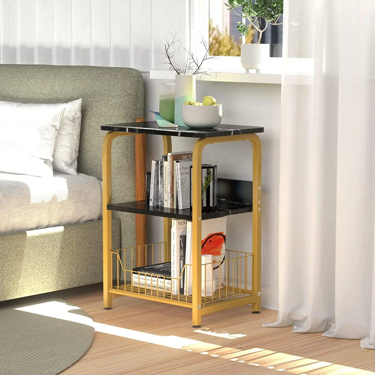 Black Marble 3 Tiers Nightstand with Wood and Metal Frame H40626