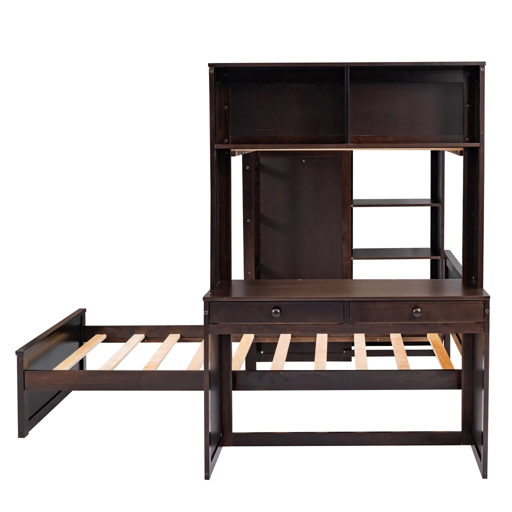 Twin Size Solid Wood Loft Bed with Desk and Wardrobe W114359