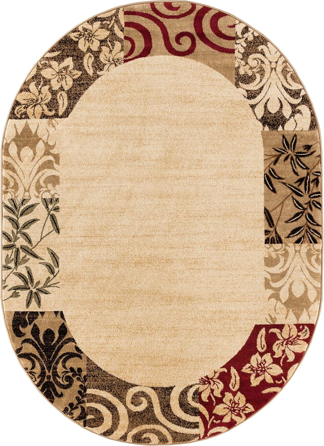 Beige Damask Border Rug 7x10 Oval T120024