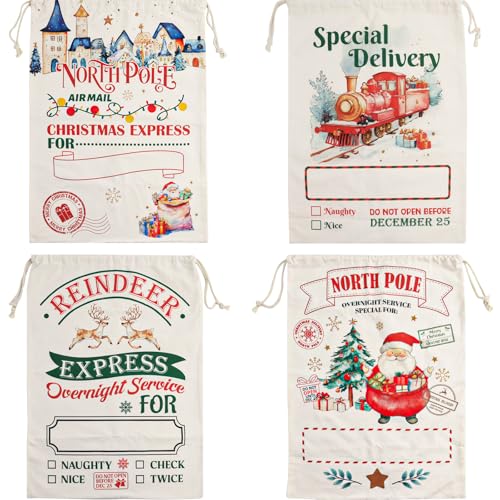 4 Pack Large Christmas Canvas Gift Bags with Drawstring V64455