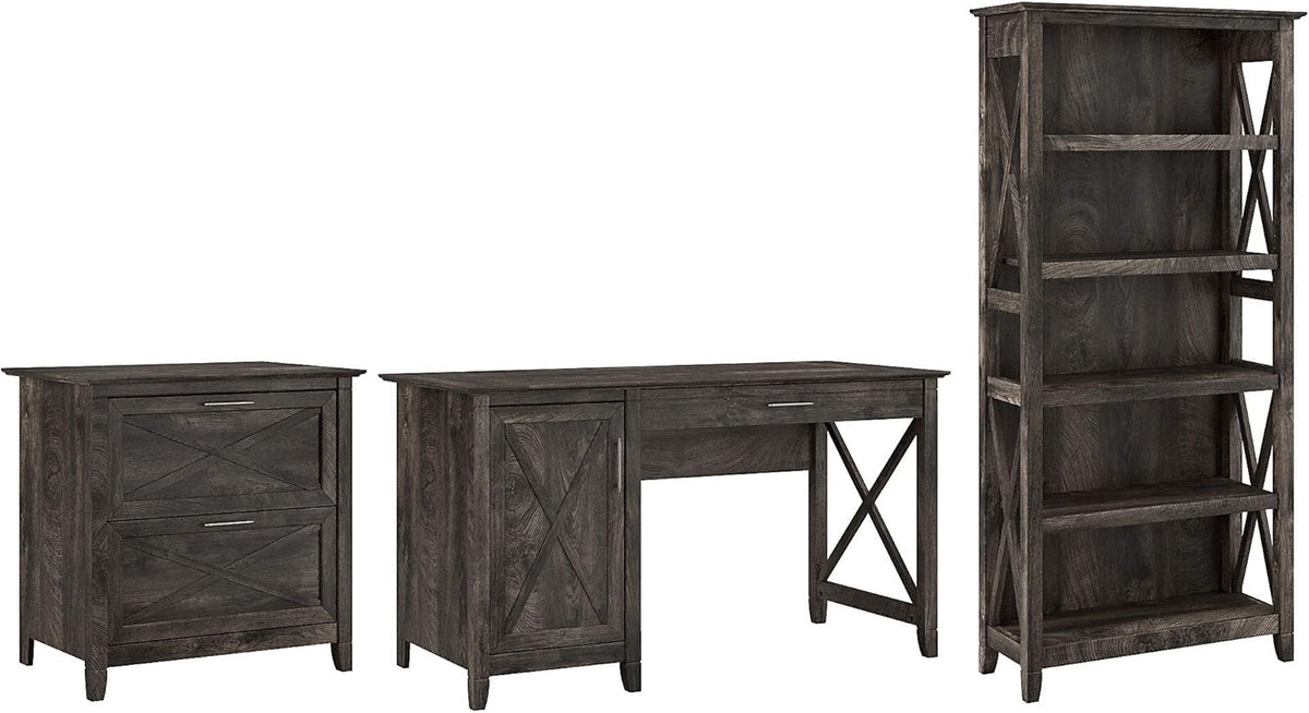 54W Dark Gray Hickory Computer Desk with 2 Drawer Lateral File Cabinet and 5 Shelf Bookcase A353465