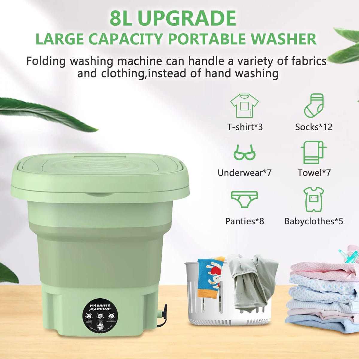 Mini Folding Washing Machine with Dryer Bucket 8L Green L24950