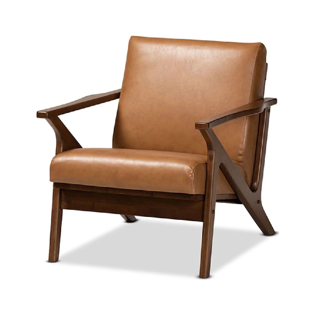 Walnut Brown Wood and Tan Faux Leather Lounge Chair S936