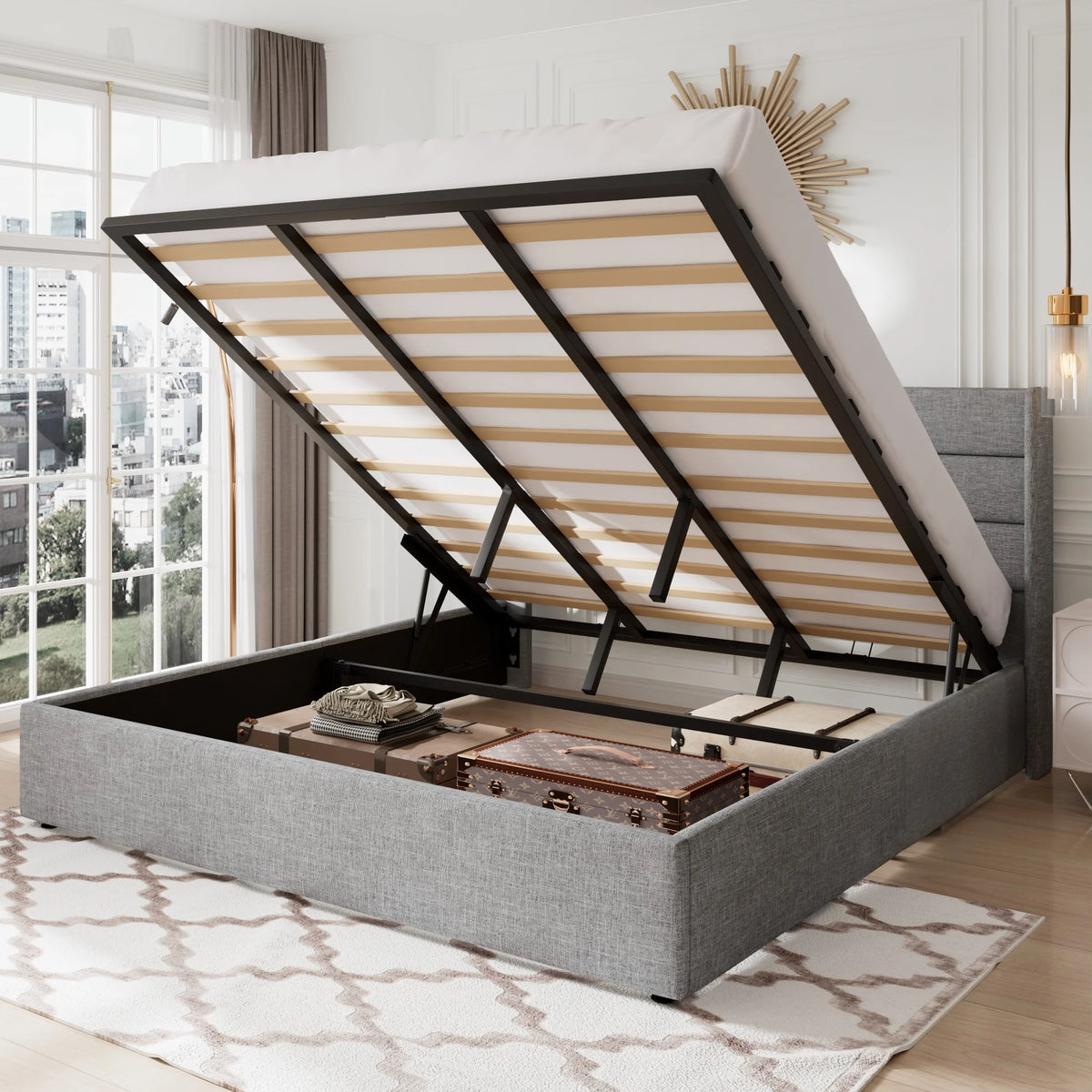 Queen Size Lift Up Platform Storage Bed Frame with Wingback Headboard X350257